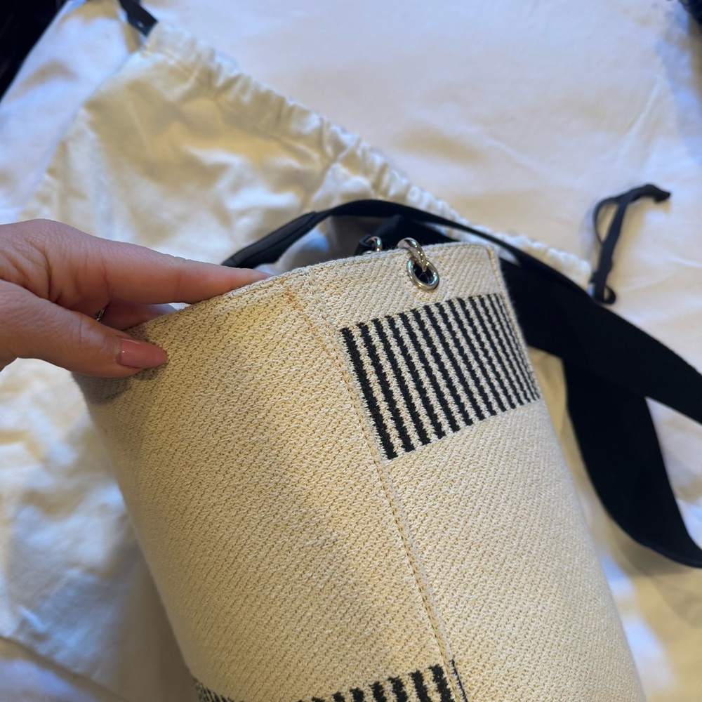 Celine Women Sangle Small Bucket Bag in Textured Canvas - White and Black - Picture 4 of 9